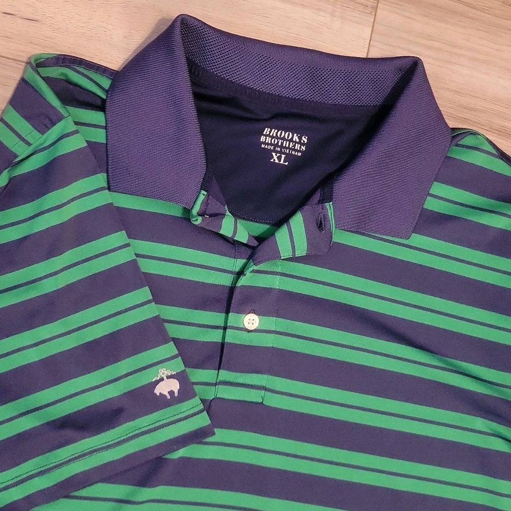 Brooks Brothers Polo Shirt Mens XL Blue Green Striped Performance Golf SS